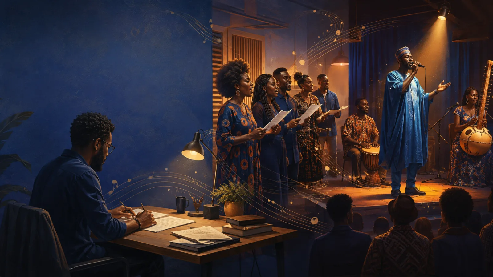 A composer, choir and performing artists moving music from rehearsal to the stage