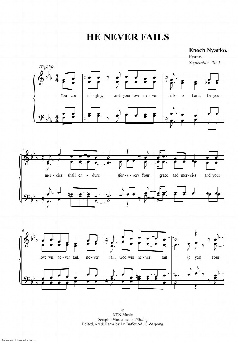 First-page preview of HE NEVER FAILS
